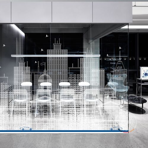 现代艺术线性建筑无胶静电玻璃贴膜办公室黑白色装饰透明磨砂贴纸