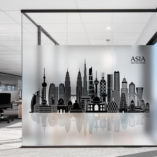亚洲建筑剪影公司办公室隔断装饰玻璃贴膜个性防撞免胶贴纸可定制